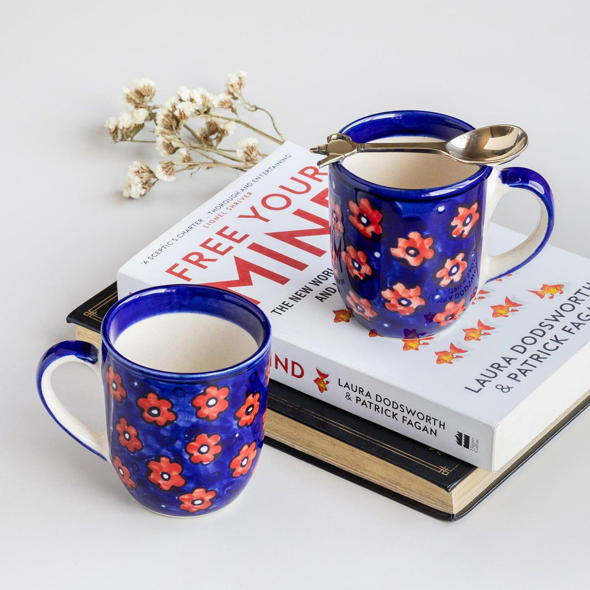 Blue Floral Ceramic Coffee Mug - Set of 2 (3 x 3.75 inches) - Eyaas