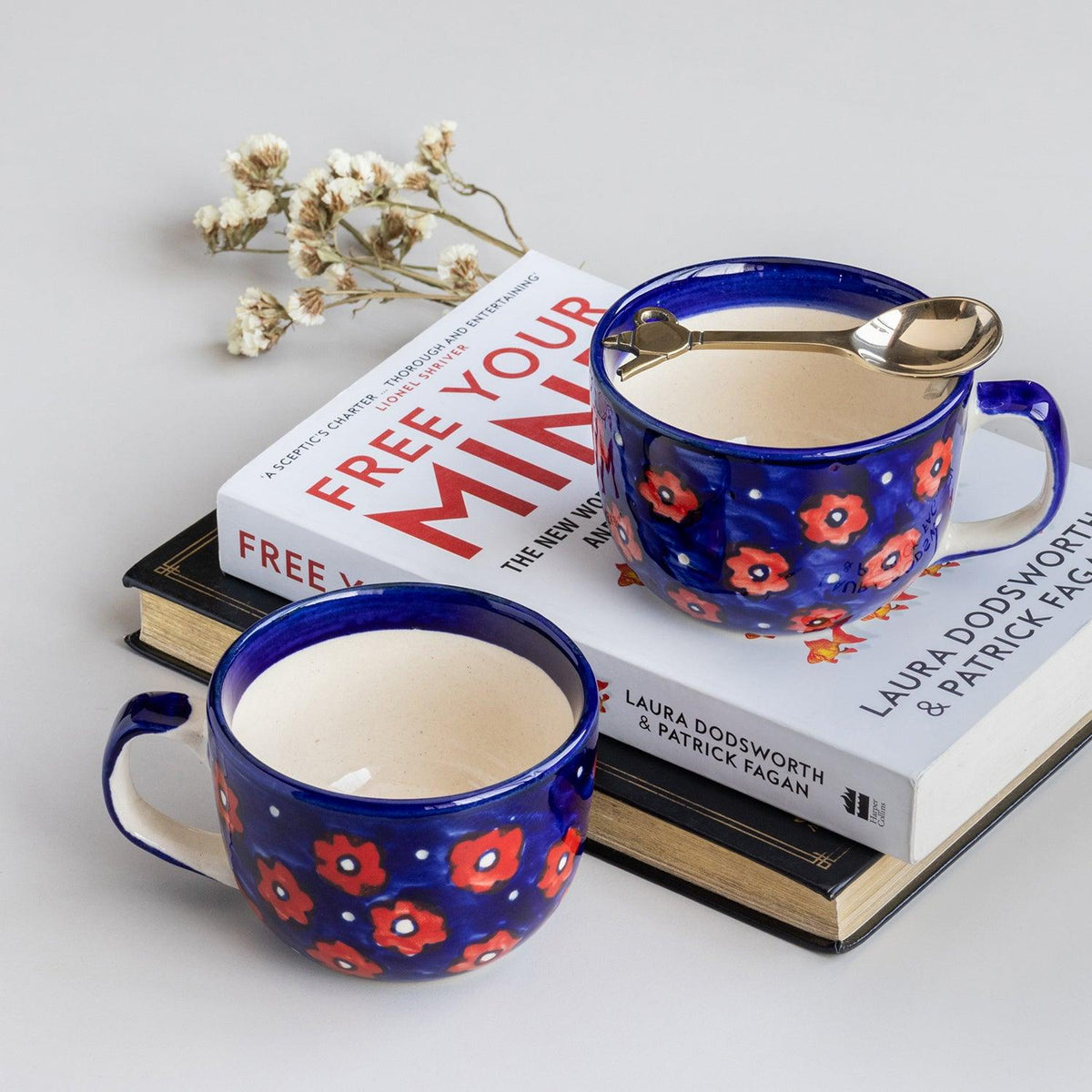 Floral Ceramic Soup Bowl Style Mug Set of 2, Blue - Eyaas