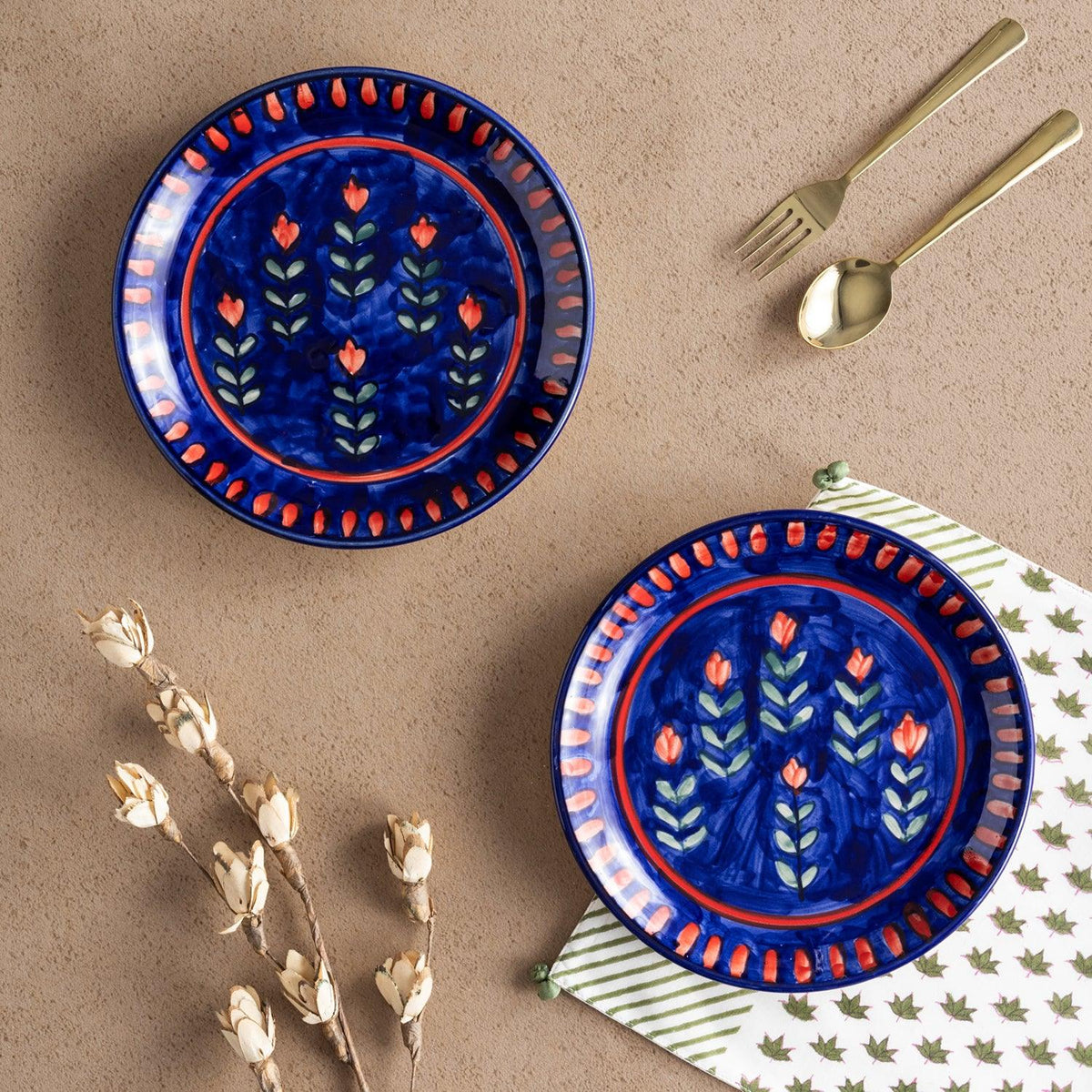 Blooming Plants Hand-painted Ceramic Dinner Plate 10 Inch Set of 2 - Eyaas