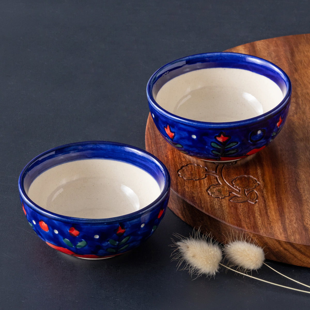 Blooming Plants Red & Blue Ceramic Katori Bowl / Portion Bowl