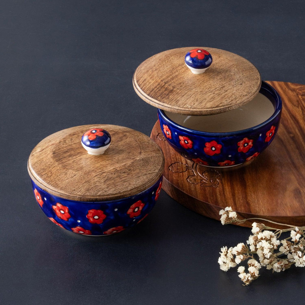 Red and Blue Ceramic Serving Bowl with Lid (Small)- Set of 2 - Eyaas