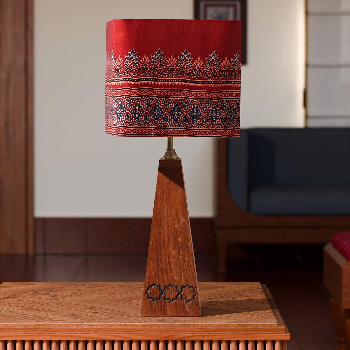 Red & Blue Square Shaped Ajrakh Lamp Shade - Eyaas