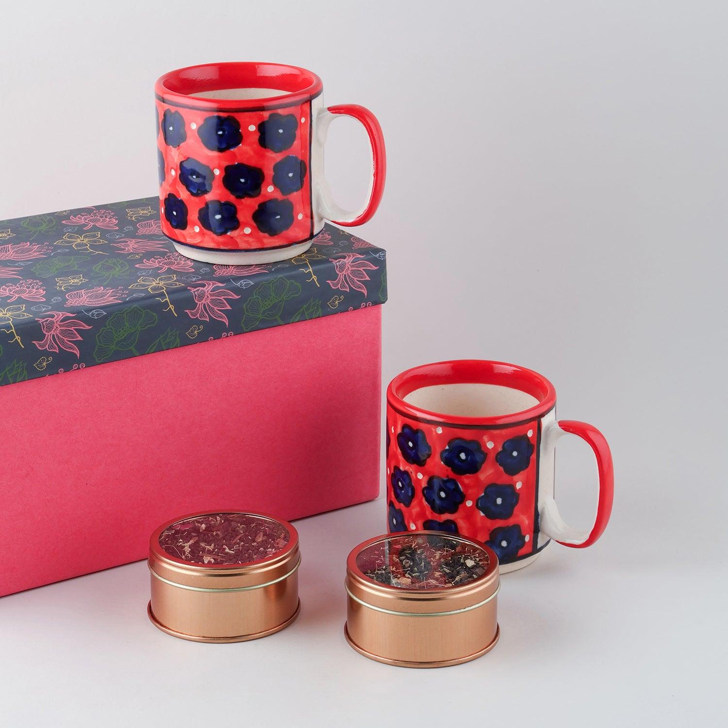 Red Floral Hand-Painted Ceramic Cups & Masala Chai (40 gms) Gift Set - Eyaas