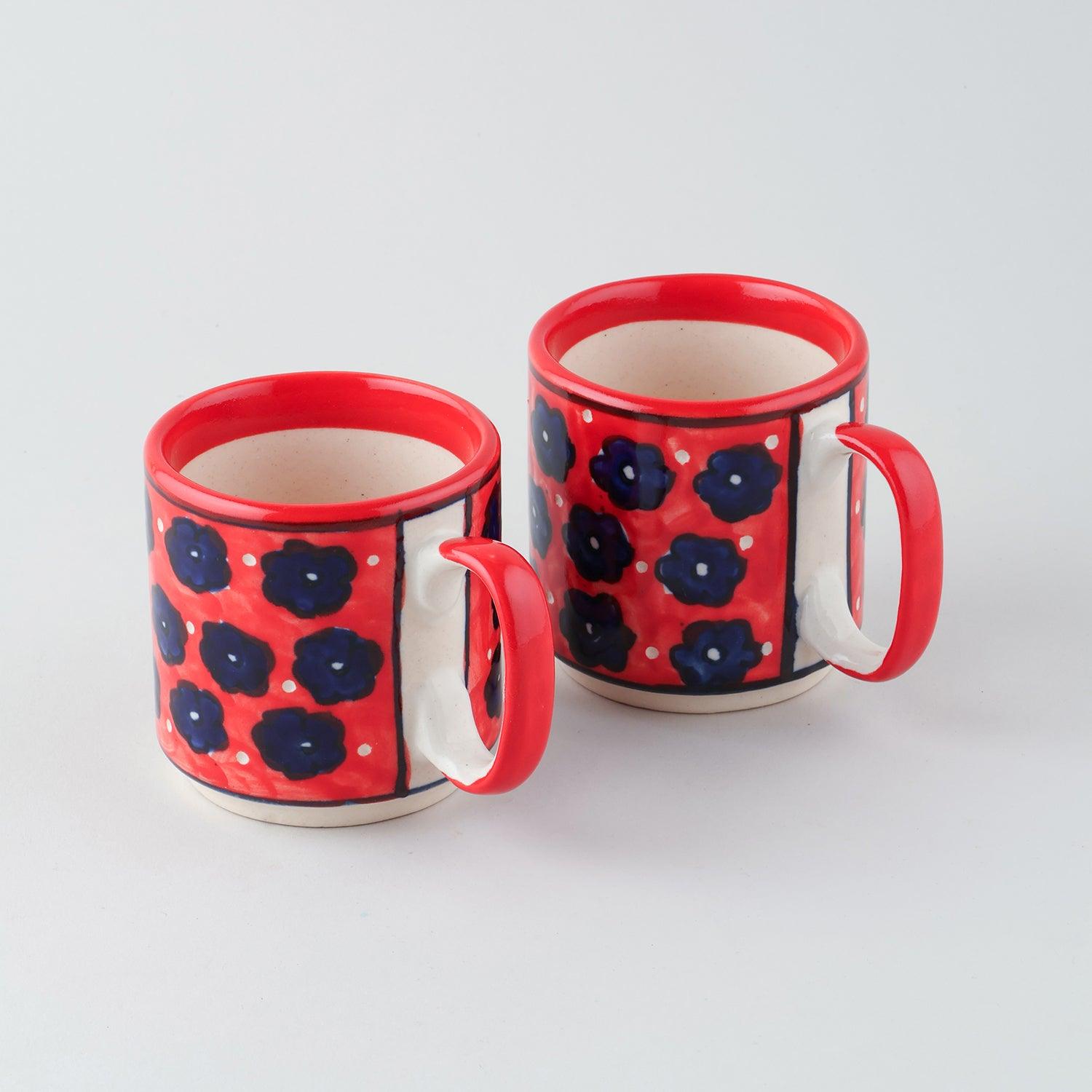 Red Floral Hand-Painted Ceramic Cups & Masala Chai (40 gms) Gift Set - Eyaas