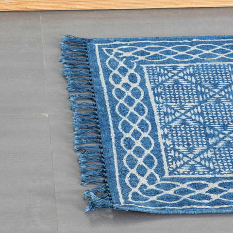 Hand Block Printed Rug, Diamond Trellis, 2x3 ft, Indigo - Eyaas