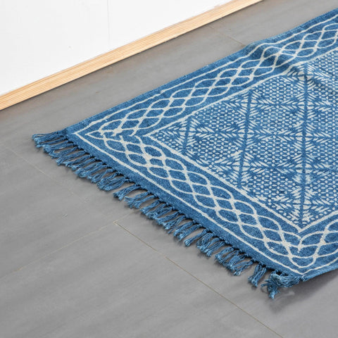 Hand Block Printed Rug, Diamond Trellis, 2x3 ft, Indigo - Eyaas