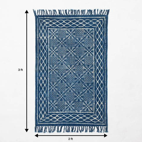Hand Block Printed Rug, Diamond Trellis, 2x3 ft, Indigo - Eyaas