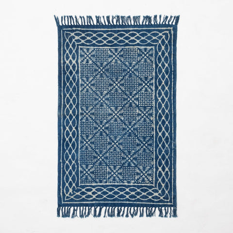 Hand Block Printed Rug, Diamond Trellis, 2x3 ft, Indigo - Eyaas