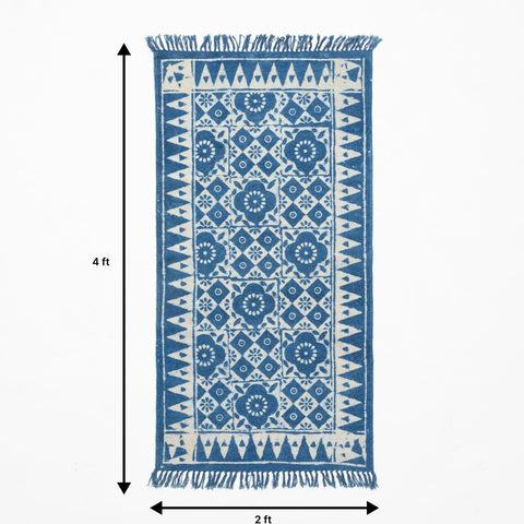 Dhurrie Rug Block Print 4x2 ft, Geometric floral Indigo