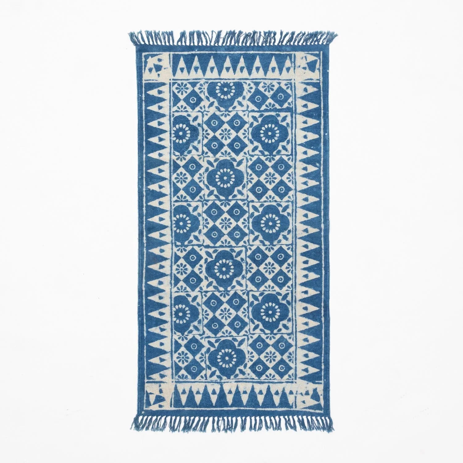 Dhurrie Rug Block Print 4x2 ft, Geometric floral Indigo
