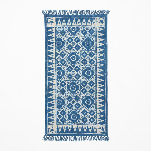 Dhurrie Rug Block Print 4x2 ft, Geometric floral Indigo