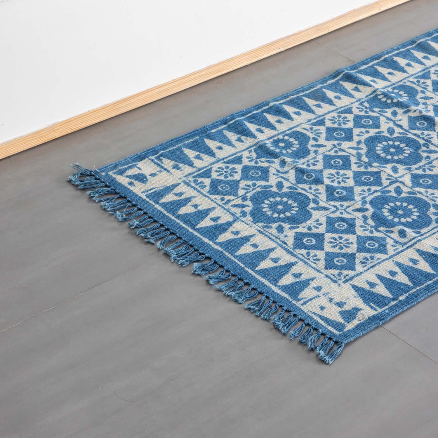 Dhurrie Rug Block Print 4x2 ft, Geometric floral Indigo