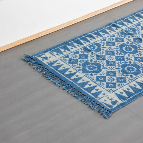 Dhurrie Rug Block Print 4x2 ft, Geometric floral Indigo
