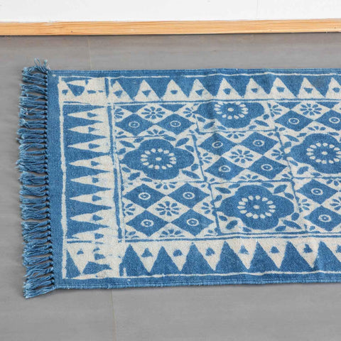 Dhurrie Rug Block Print 4x2 ft, Geometric floral Indigo
