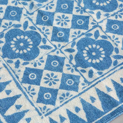 Dhurrie Rug Block Print 4x2 ft, Geometric floral Indigo