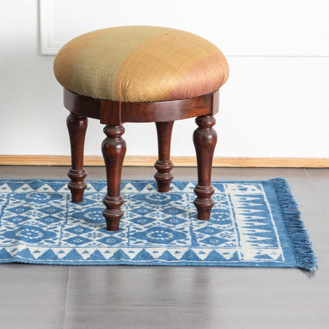 Dhurrie Rug Block Print 4x2 ft, Geometric floral Indigo