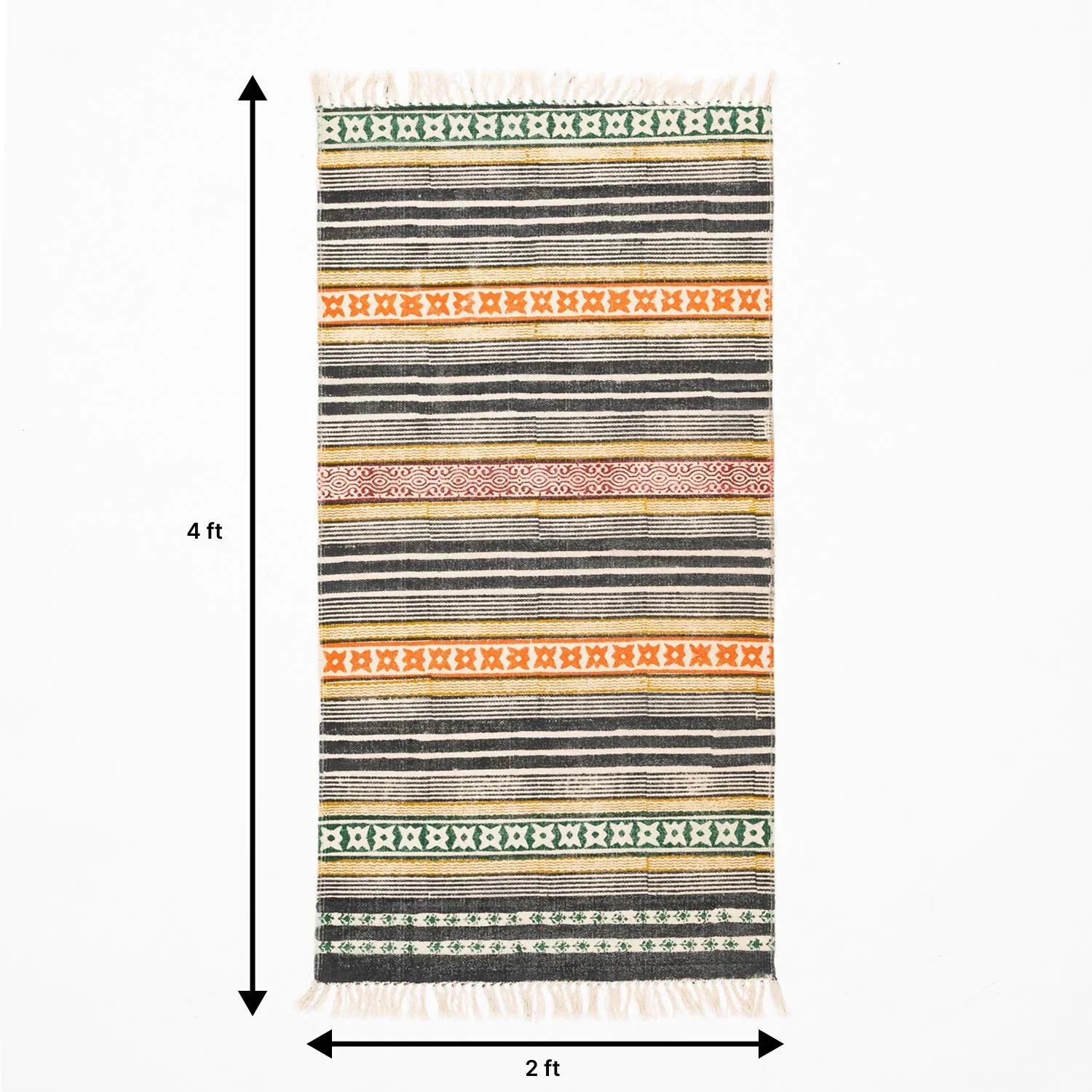 Block Printed Rug Multicolor geometric stripe 4x2 ft
