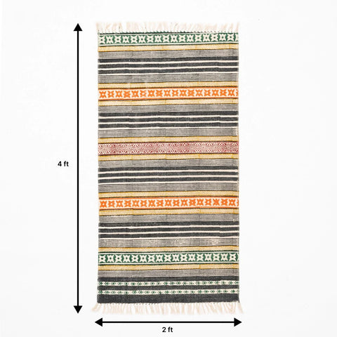 Block Printed Rug Multicolor geometric stripe 4x2 ft