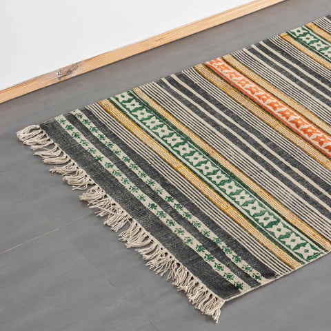 Block Printed Rug Multicolor geometric stripe 6x2 ft