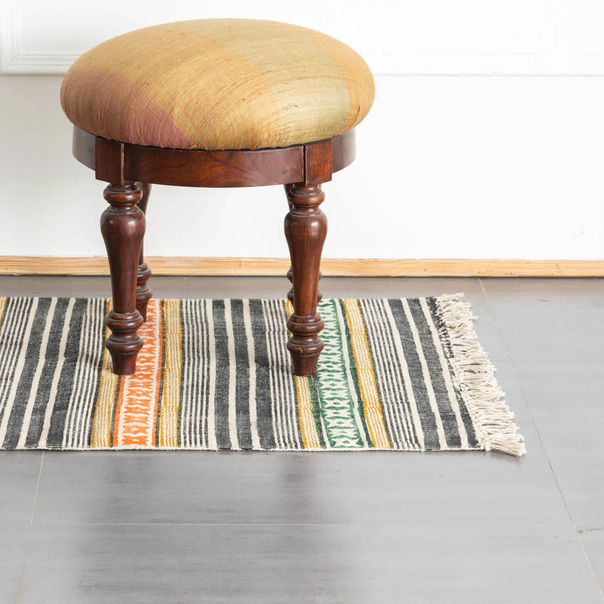 Block Printed Rug Multicolor geometric stripe 6x2 ft