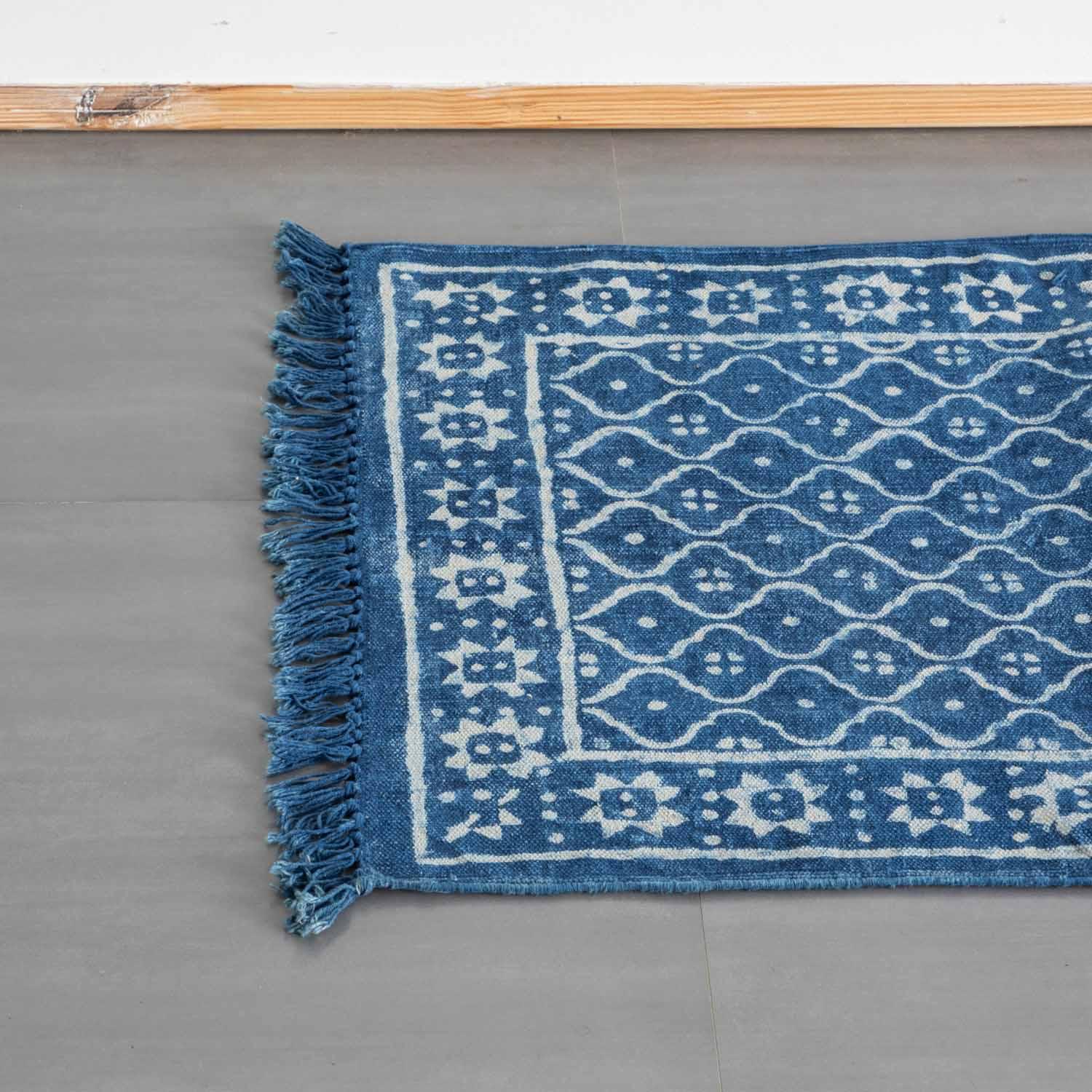 Dhurrie Rug Block Print 6x2 ft, Trellis Indigo