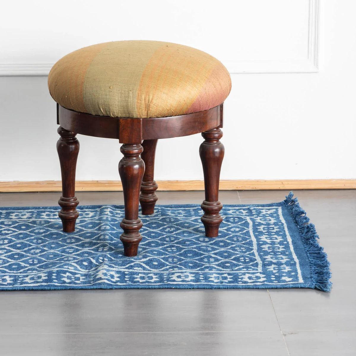 Dhurrie Rug Block Print 6x2 ft, Trellis Indigo