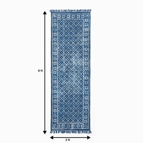 Dhurrie Rug Block Print 6x2 ft, Trellis Indigo