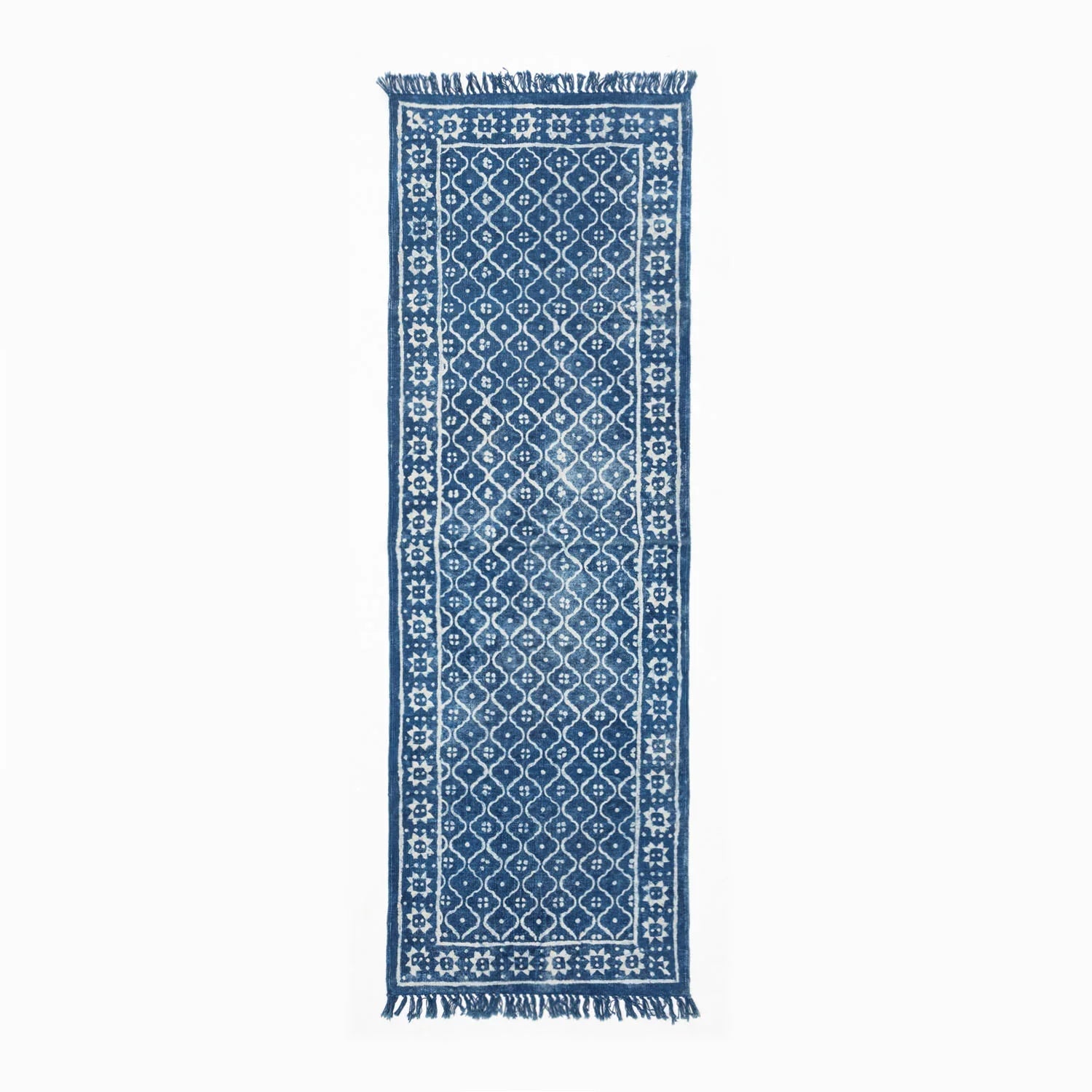 Dhurrie Rug Block Print 6x2 ft, Trellis Indigo