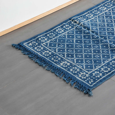 Dhurrie Rug Block Print 6x2 ft, Trellis Indigo