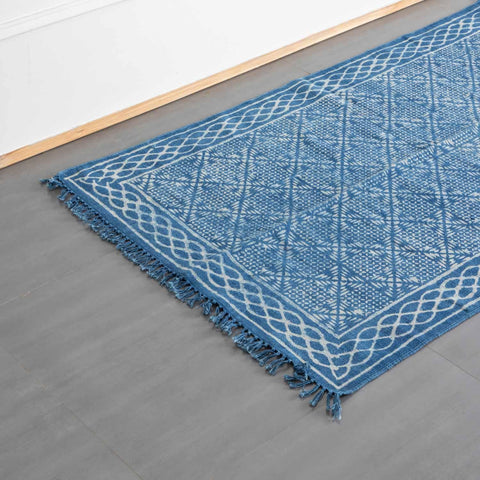 Dhurrie Rug Block Print, geometric, 5x3 ft, Indigo