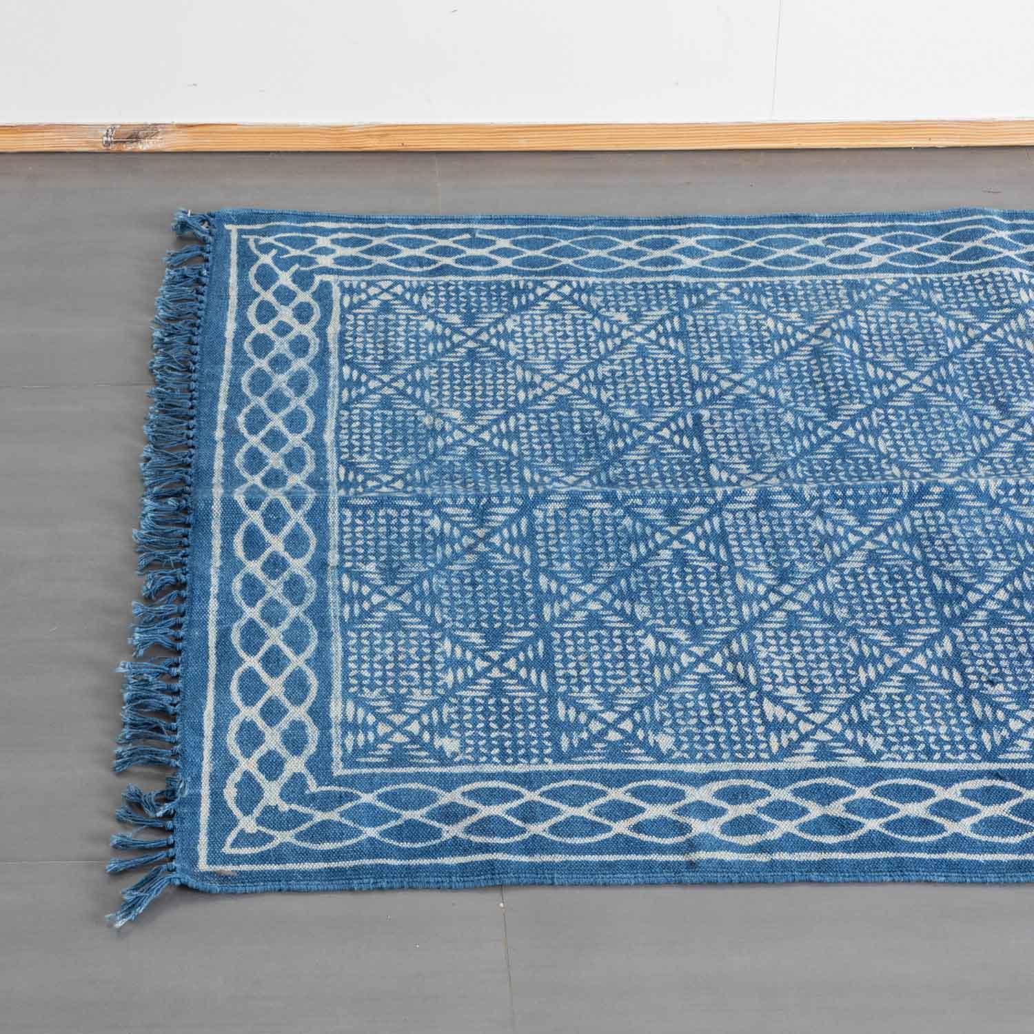 Dhurrie Rug Block Print, geometric, 5x3 ft, Indigo