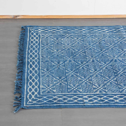 Dhurrie Rug Block Print, geometric, 5x3 ft, Indigo