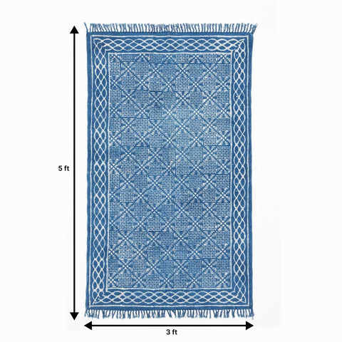 Dhurrie Rug Block Print, geometric, 5x3 ft, Indigo
