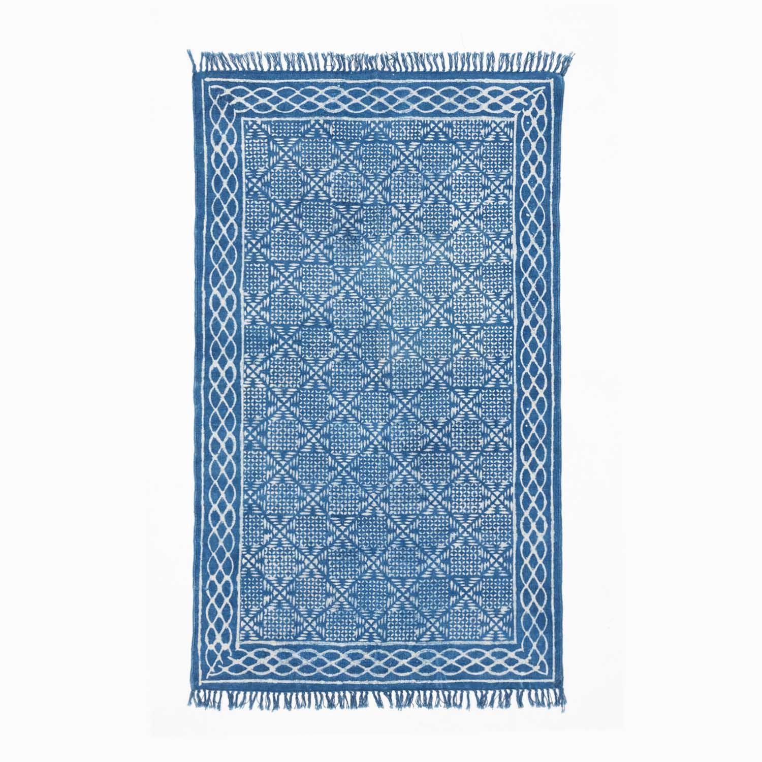 Dhurrie Rug Block Print, geometric, 5x3 ft, Indigo