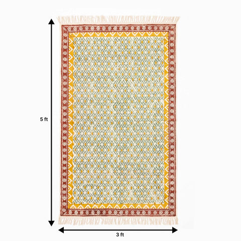 Block Printed geometric Rug, 5x3 ft, Mustard & Red