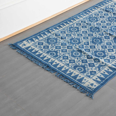 Dhurrie Rug Block Print,Floral Abstract, 5x3 ft, Indigo