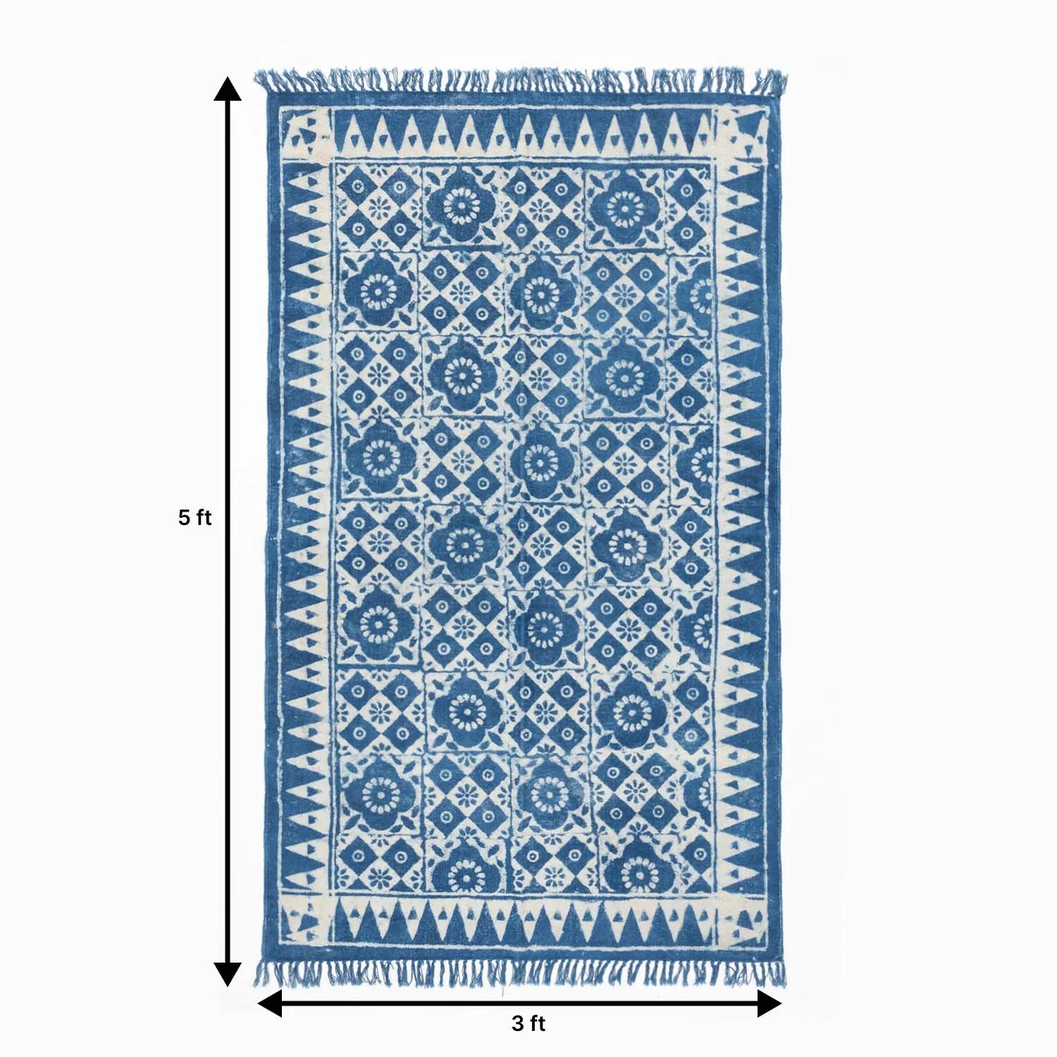 Dhurrie Rug Block Print,Floral Abstract, 5x3 ft, Indigo