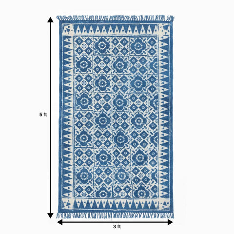Dhurrie Rug Block Print,Floral Abstract, 5x3 ft, Indigo