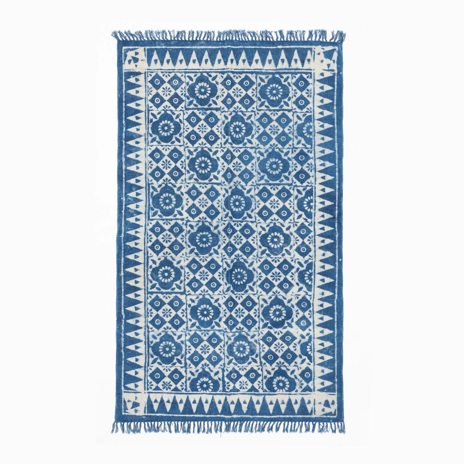 Dhurrie Rug Block Print,Floral Abstract, 5x3 ft, Indigo