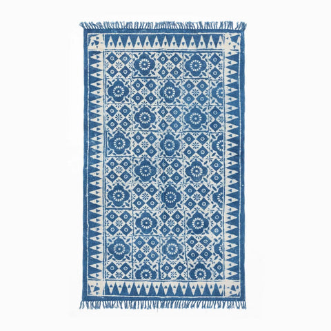 Dhurrie Rug Block Print,Floral Abstract, 5x3 ft, Indigo