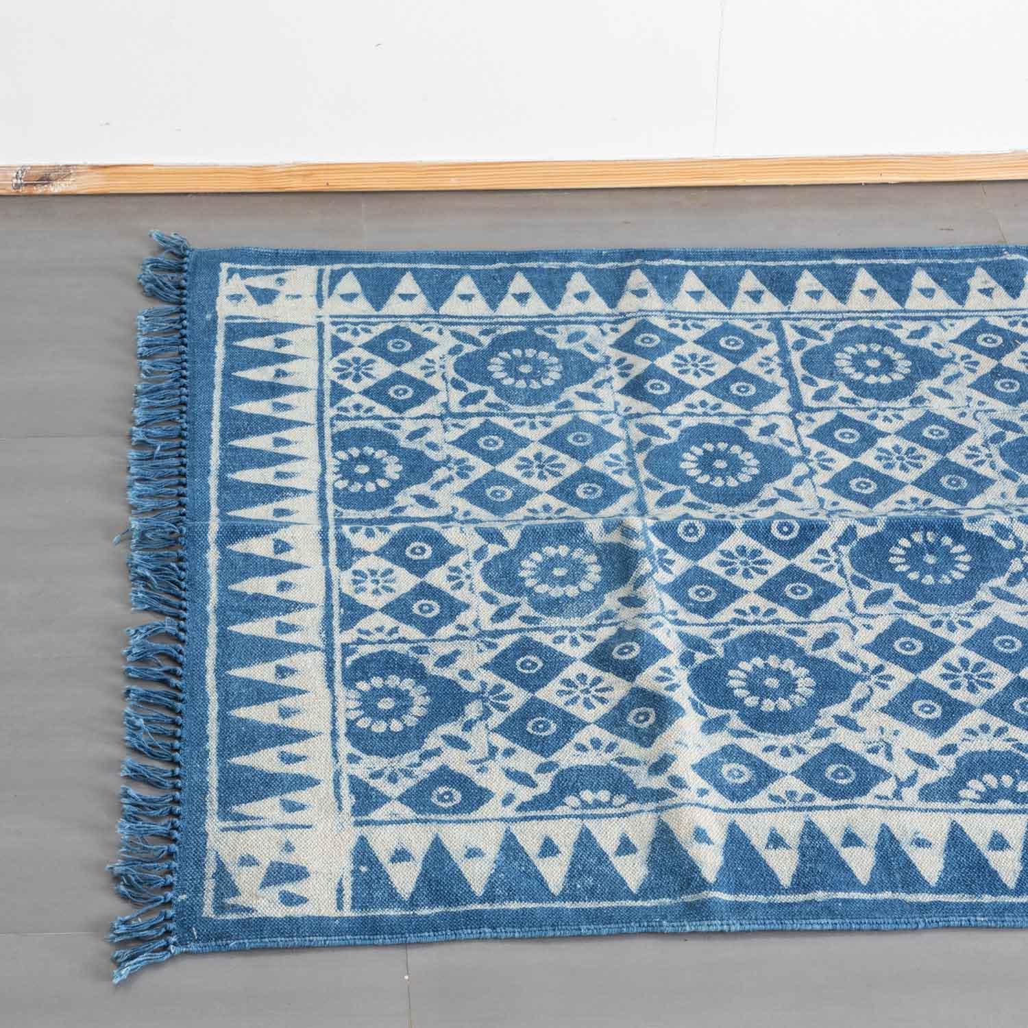 Dhurrie Rug Block Print,Floral Abstract, 5x3 ft, Indigo