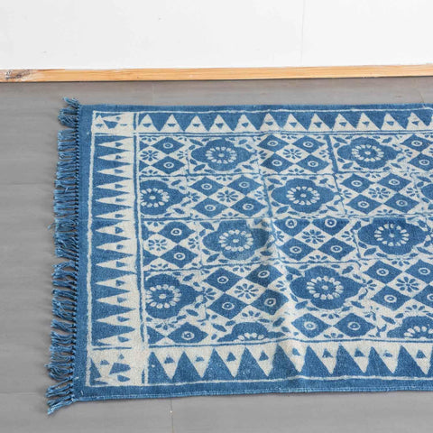 Dhurrie Rug Block Print,Floral Abstract, 5x3 ft, Indigo
