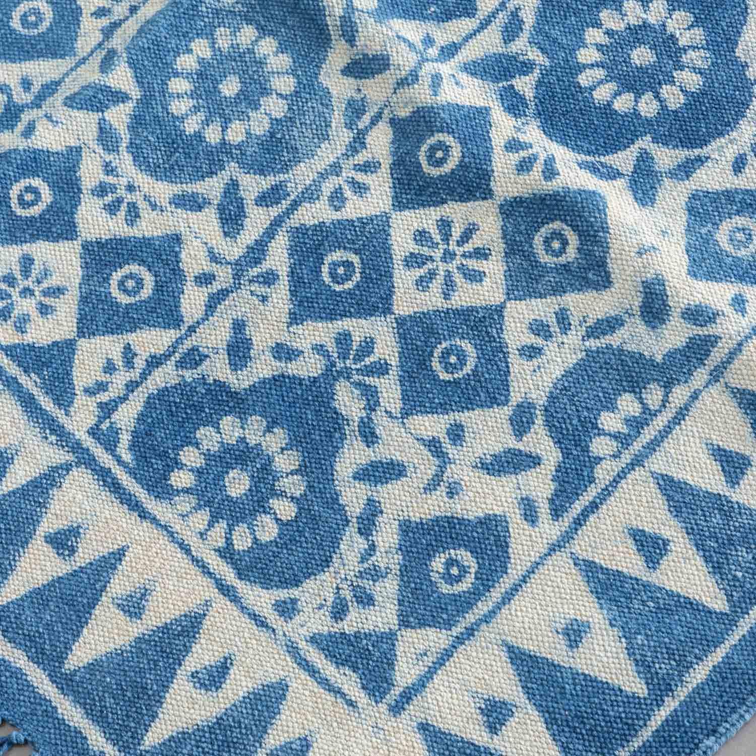 Dhurrie Rug Block Print,Floral Abstract, 5x3 ft, Indigo