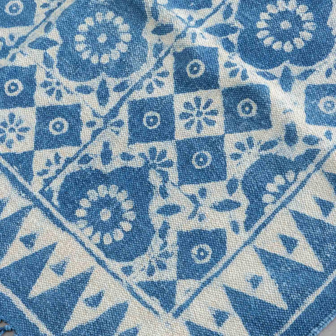 Dhurrie Rug Block Print,Floral Abstract, 5x3 ft, Indigo