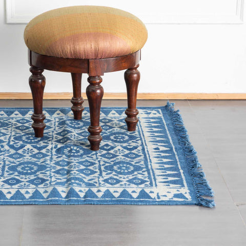 Dhurrie Rug Block Print,Floral Abstract, 5x3 ft, Indigo