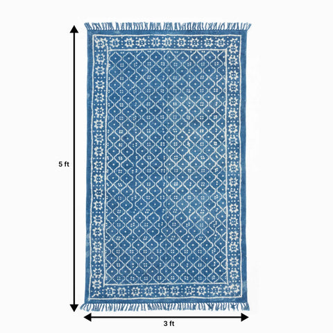 Dhurrie Rug Block Print 6x4 ft, geomectric, Indigo