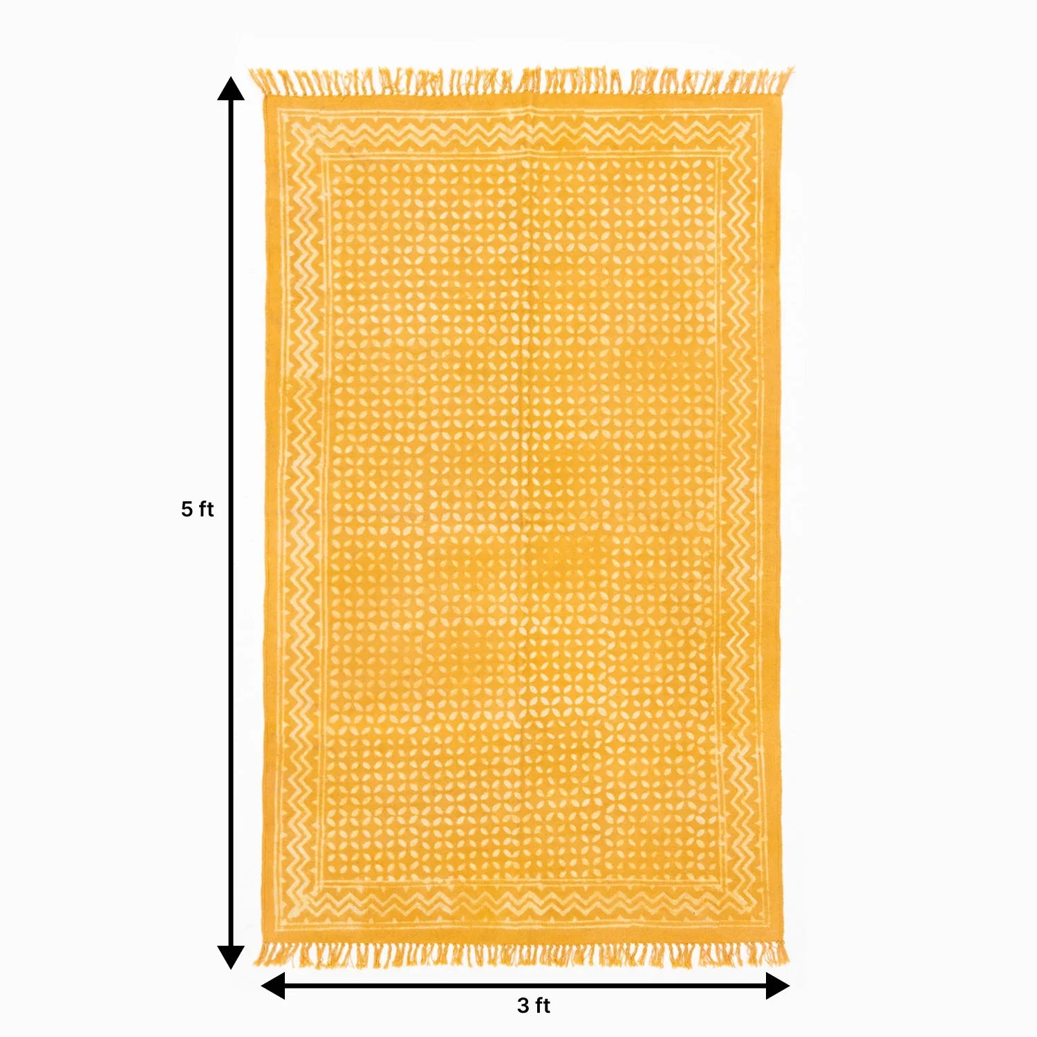 Dhurrie Rug Block Print, Abstract, 5x3 ft, Mustard