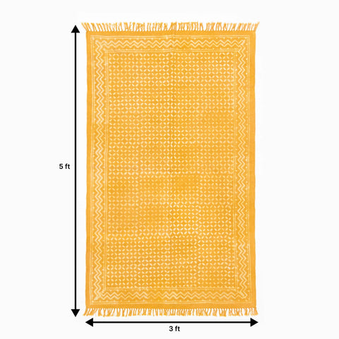 Dhurrie Rug Block Print, Abstract, 5x3 ft, Mustard