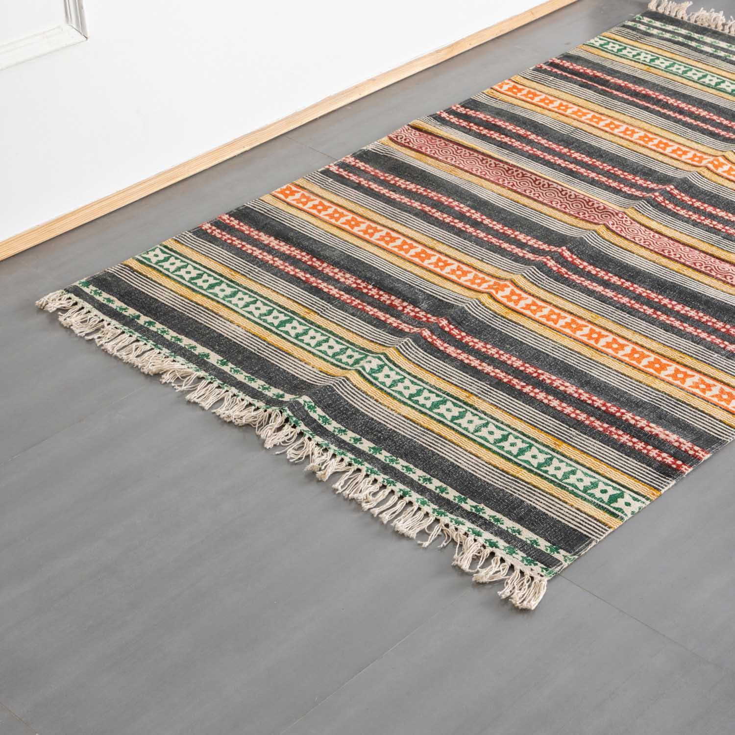 Block Printed Rug Multicolor geometric stripe 5x3 ft