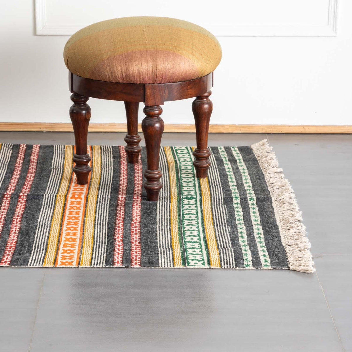 Block Printed Rug Multicolor geometric stripe 5x3 ft